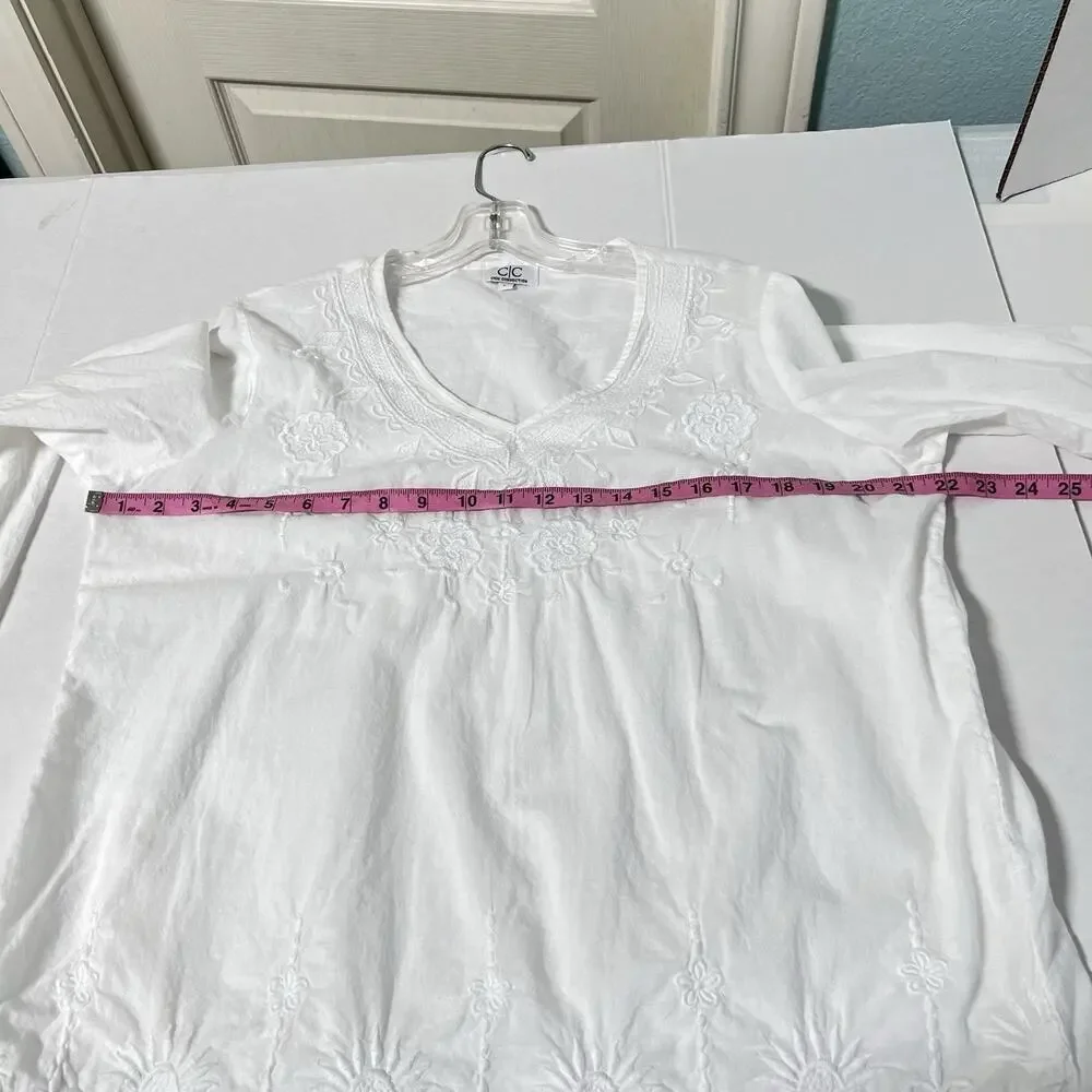 CHIC CONNECTION Women Tunic Top L Long Sleeve White Embroidered 100% Cotton